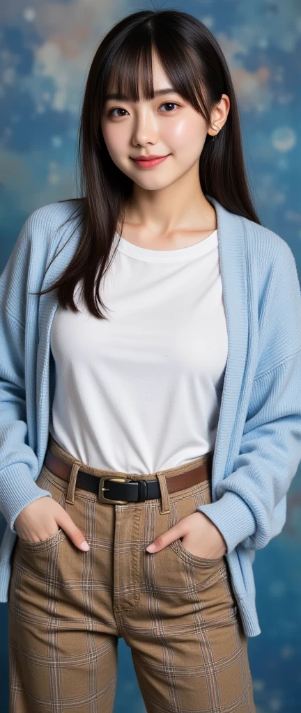 there is a woman Isabella Duvall (((with a light blue linen blouse and jeans))) with a very pretty face posing for a picture, beautiful face and flawless skin, woman with porcelain skin, young woman's face, young beautiful face, youthful face, prominent cheekbones, beautiful face woman, beautiful delicate face, smooth facial features, beautiful young face, young female face, smooth porcelain skin, beautiful fine face features, young beautiful woman, brown hair, grey eyes, overbite, french girl, white gold earrings, grin, feminine curves