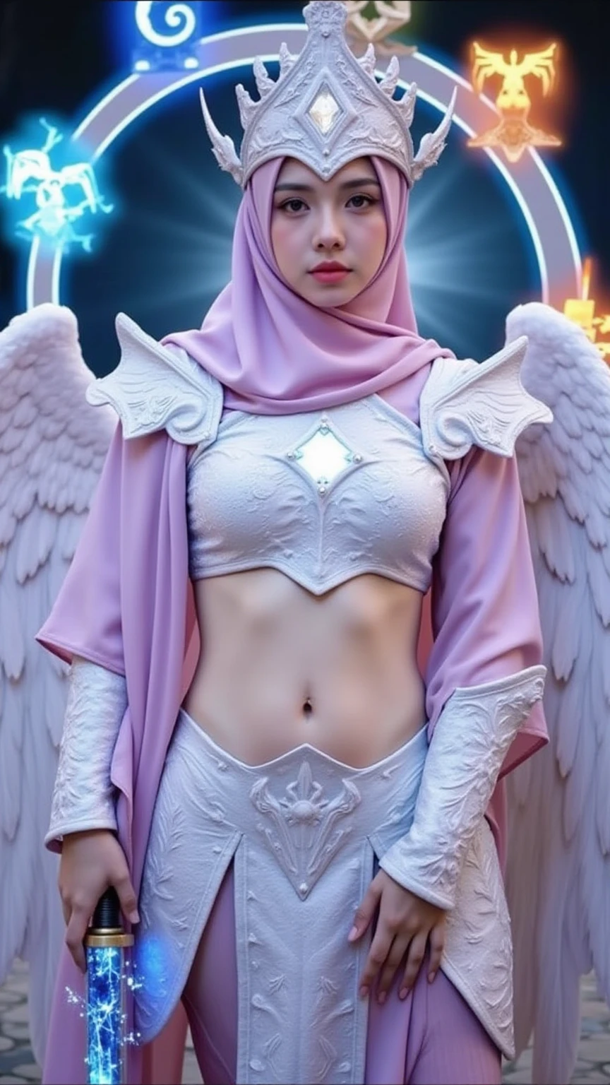 natural photography, UHD resolution, unique moment, when a beautiful female angel wears a hijab, wearing pink clothes, with the right wing being ice blue and the left wing being fire red, and fierce aura, The otherworldly background is eerie and quiet, full body, remote camera, while standing, feet are on the ground, light up