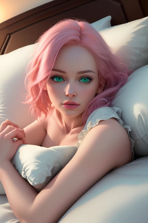 a beautiful girl with hot pink hair, sitting on a bed, extremely detailed eyes and face, beautiful detailed lips, longeyelashes, elegant pose, intricate details, cinematic lighting, highly detailed, 8k, photorealistic, vibrant colors, dramatic lighting, fantasy art, digital painting