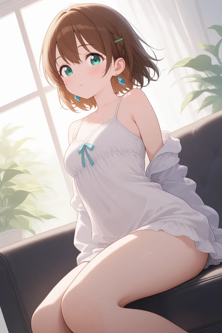 Official Art, unity 8k wallpaper, Very detailedな, masterpiece, Highest quality, 1 female, (Very detailed),(RAW Photos、Highest quality)、(Realistic、Photorealistic:1.3)、Attention to detail、顔のVery detailed複雑な 3D レンダリング、(Very detailed肌:1.2)、Dynamic Angle, Fire glow effect, Professional Lighting, Side light, Cinematic Light, Ultra-high resolution, 8k , Film Grain,Best Shadow, Particles of light, Fine skin, Detailed face, Intricate details, Very detailedな, Shine, Please reconsider、indoor,Foliage plant,Large windows,indirect lighting,Large bed,Brown Hair,Shortcuts,Messy Hair,Slender beauty,Dignified,Small chest,Soft breasts,Beautiful feet,whole body,、Beautiful Face、Blurred Background、1 beautiful girl、Shine肌、thin、Delicate body、thin legs、Black camisole、((Get on all fours))、Her captivating grey-blue eyes shine like stars