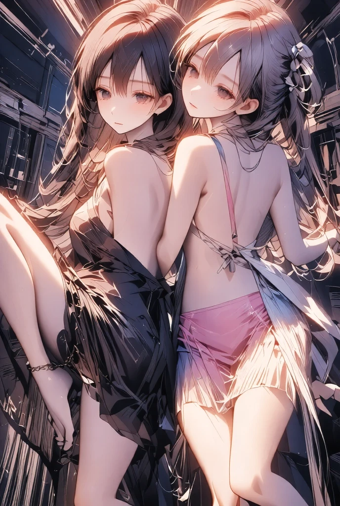 Very detailed, Highest quality, High resolution, Moe Anime, ((Two s in see-through white one-piece dresses embrace each other:1.2)), (Black Hair:1.4), (Baby Face), Cute eyes, Detailed eye depiction, Eyes sparkling, Dark eye color, View your audience, Pale skin, (Big eyes:1.4, Droopy eyes:1.4, Torogao:1.4), Focus on the face, In the park with cherry blossoms falling, ((The lower half is naked)), BrEyes, ((Nipples are visiough the fabric)), ((Petite)), ((Young)), ((nsfw:1.2)), (Flat Chest:1.4), ((Different hairstyles:1.4)), smile, (Slightly below:1.4)