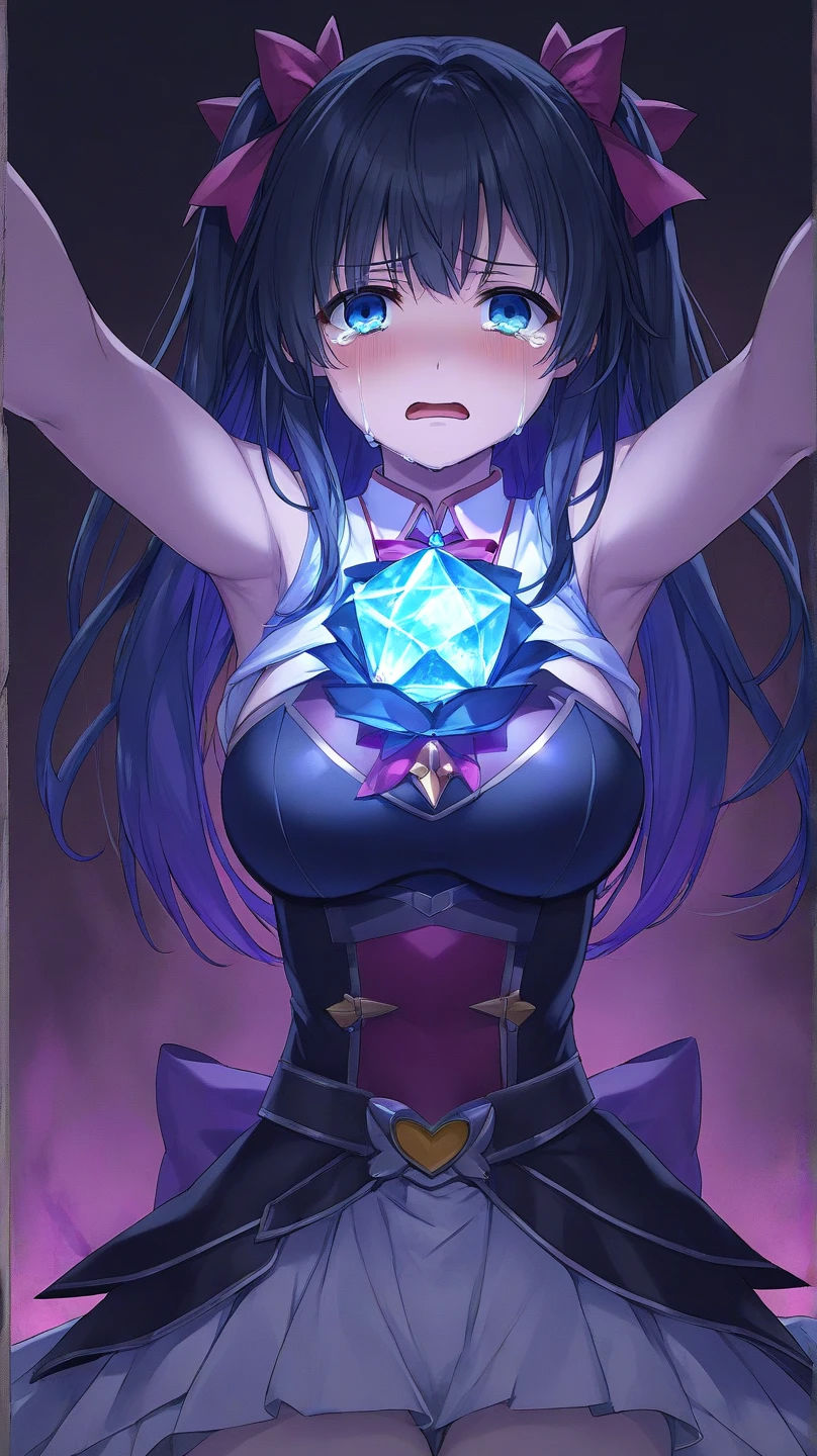 night, ((1 girl)), alone, masterpiece, 8k wallpaper, highres, absurdres, high quality background, short hair, black hair, multicolor hair, beautiful frozen village, (full bright moon), blue dress, detailed dress, jewelry dress, (magic:1.2), blue fire, blue eyes, glowing eyes, fire, ice goddess, (blue detailed beautiful crown), electricity, blue electricity, blue light particles, showing bare naked breasts, visible naked breasts, lifting dress to reveal bare naked pussy, no panties
