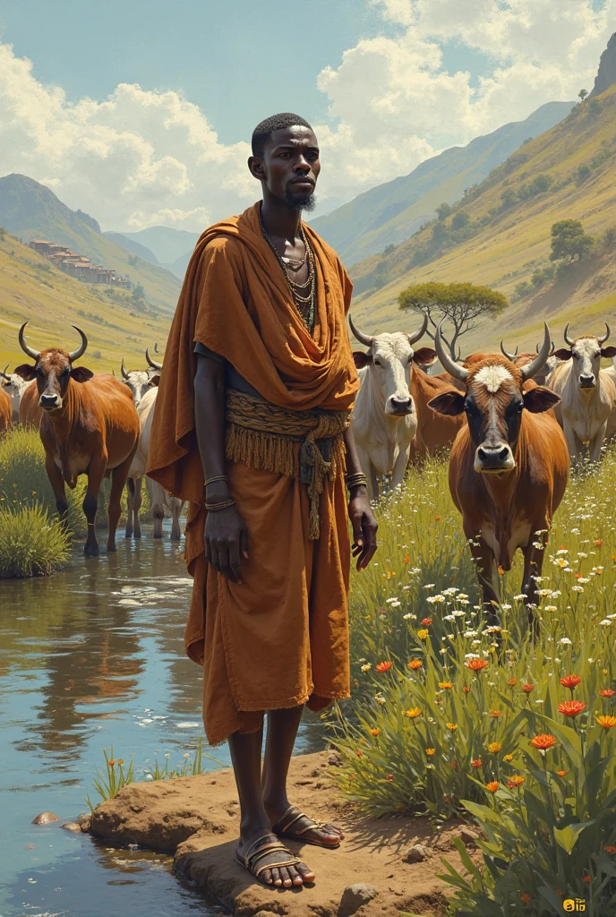 A young man in Ethiopia herding cattle on the banks of a river.