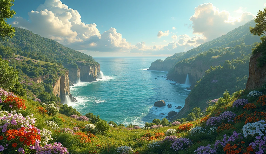 A vivid, 3D hyper-realistic landscape where dry land rises from the ocean. Lush green forests, vibrant flowers, and rolling hills spring to life under warm sunlight. Waterfalls flow from newly formed cliffs. The atmosphere is rich with life, freshness, and peace. Colorful plant life and dramatic lighting emphasize the beauty of creation.