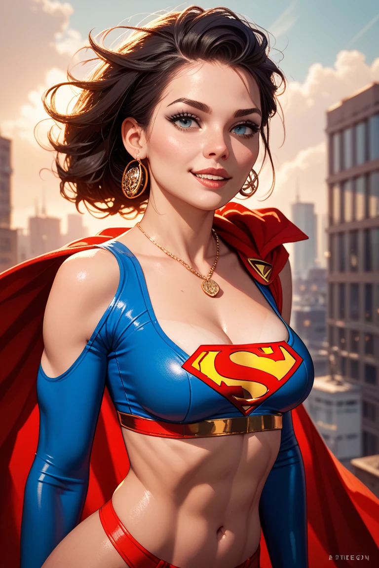 beautiful woman , 21 years old , very beautiful, blue eyes, curly brown hair, denim yellow pans, blue t-shirt, busty. Comic style. Marvel comics style