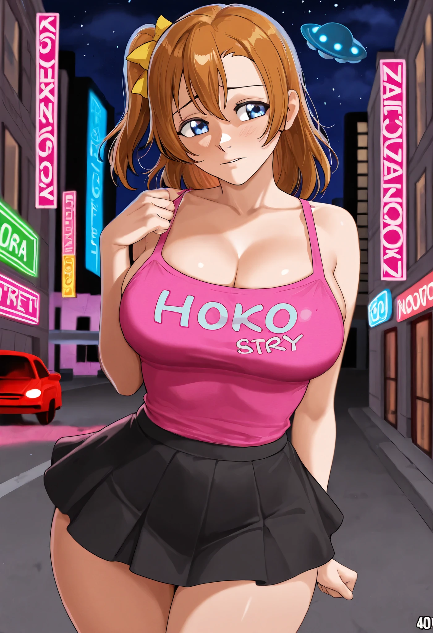 1girl, background, (ranma-chan), blush, red hair, medium breasts, tomboy, one short pigtail, nighttime, hot breath, open mouth, dimmed lighting, standing, city, big ass, wide hips, toned body, wearing slutty prostitute outfit, micro skirt, midriff, prostitute, purple eyeshadow, (detailed fingers), thong peek, no bra, 5 fingers, red light, neon light billboards, red-light district, nipple bulge, microkini top, pussy juice, (artist: loliconder), (cameltoe), close to viewer, (view from behind), grinning, (girl inviting viewer to fuck her), ass, slutty, prostitute, long eyelashes, deep cleavage, whore, prostitute, bimbo, (5 fingers and one thumb),