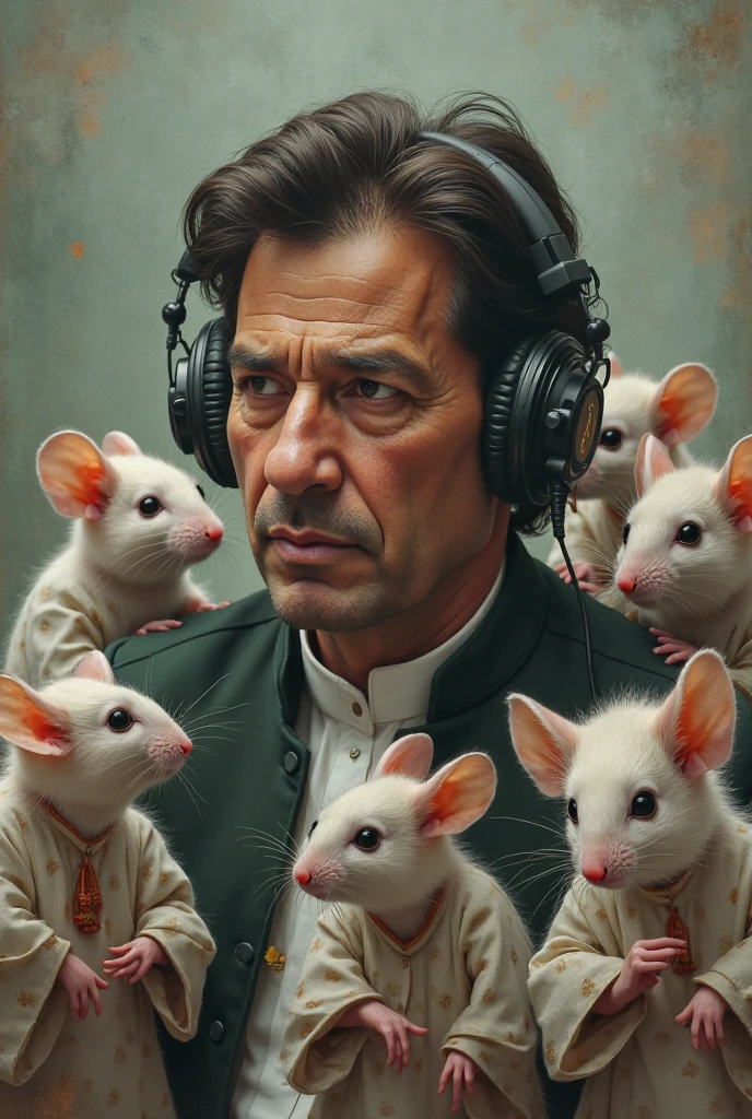 Create a pic of imran Khan using headphone and also mice wearing shalwar qameez 
