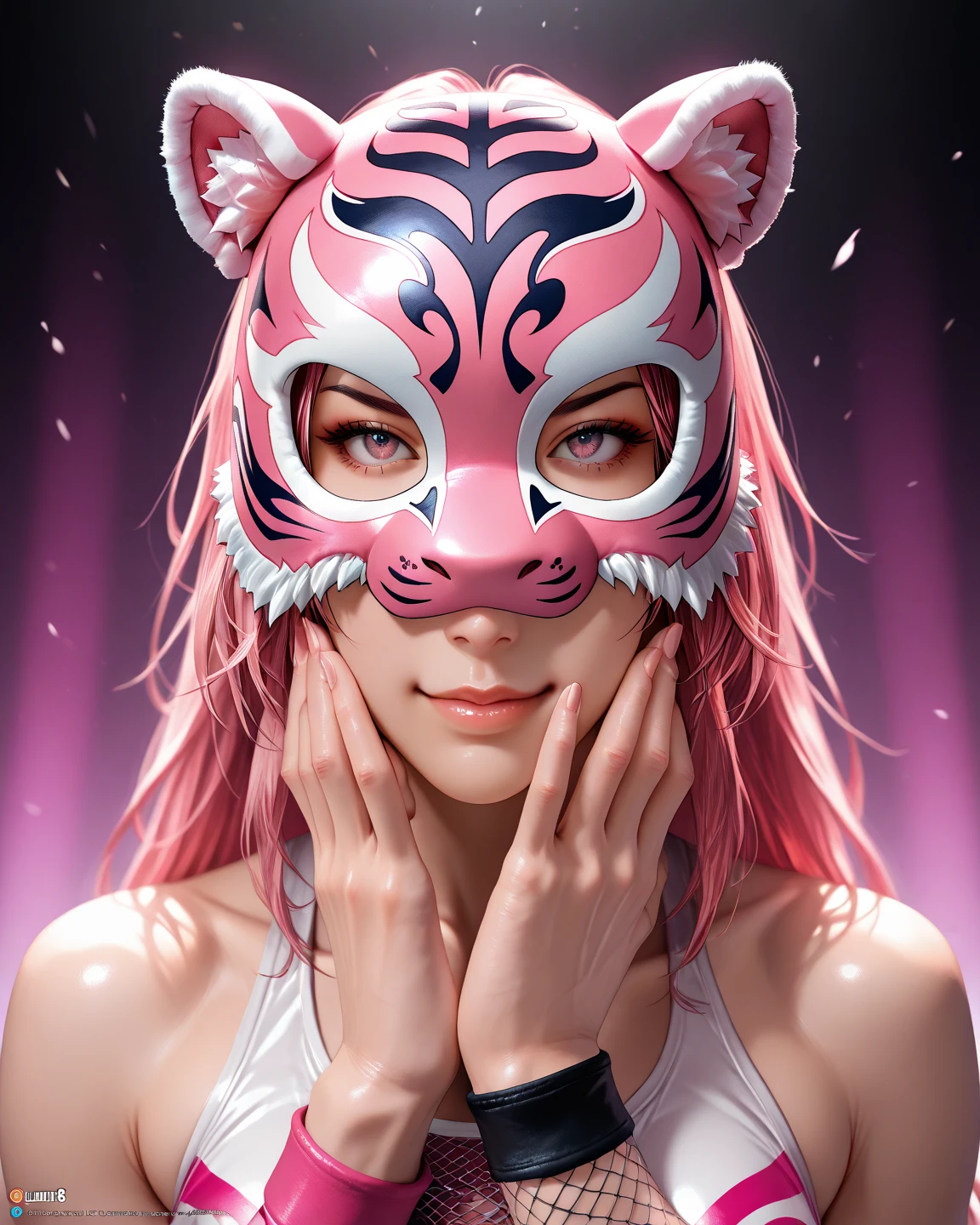 women's pro wrestling battle with rainbow pattern,Female Pro Wrestler Pink Tiger Mask vs. Black Tiger Mask,Black Tiger Mask Stings Fingernails on Pink Tiger Mask Cover  Black Tiger Mask,Pink Tiger Mask Mask Ripped by Fingernails,I can see the real face of the pink tiger mask,Disgusting pink tiger mask,pink tiger mask that desperately resists,dead or alive,masterpiece, Unity 8k wallpaper, Photorealistic, detailed face, 