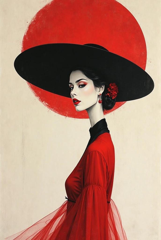 (masterpiece, top quality:1.2), , alone, BEAUTIFUL FACE FROM THE FRONT ，red minimalist art nouveau wearing a deep big hat，illustration style， white and black 
