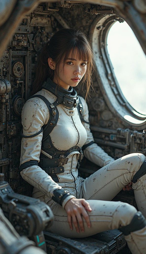 Concept art of girl mecha pilot , sitting in mecha cabin , masterpiece, realistic anatomy, dynamic lighting, detailed interior