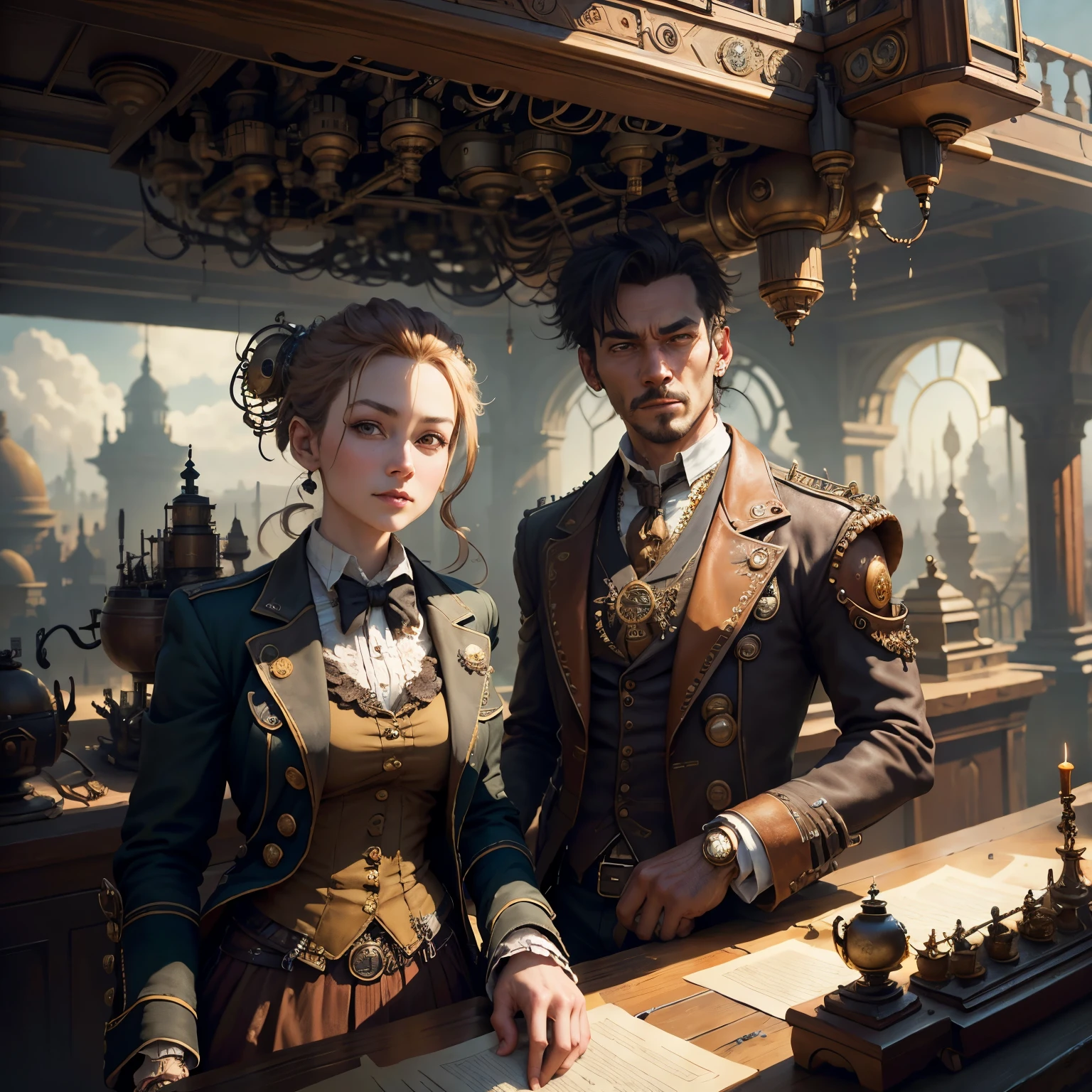 there are two statues of people sitting next to each other, inspired by Android Jones, cyber steampunk 8 k 3 d, behance hd, shot on anamorphic lenses, by Jack M. Ducker, steam punk party, andrey gordeev, a beautiful detailed orixa, distant future, 2030s, cedric peyravernay. sharp focus --auto --s2