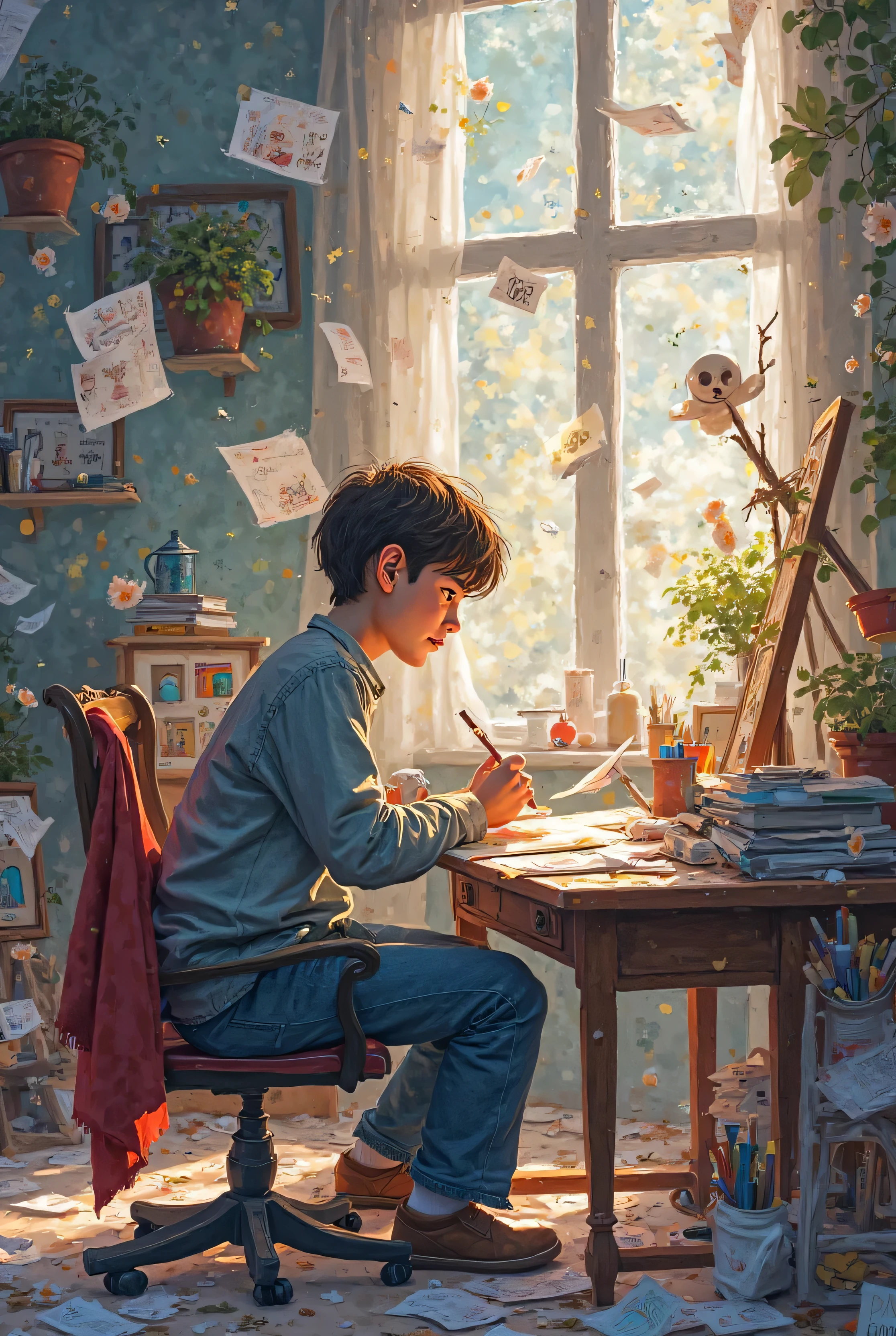 Make an image of someone sitting at a desk and he's trying to draw and he failed on his first attempts and there's alot of  paper around him draw on it and he succeeded at the end and drew a master peace..make it with high quality and vibrant colors