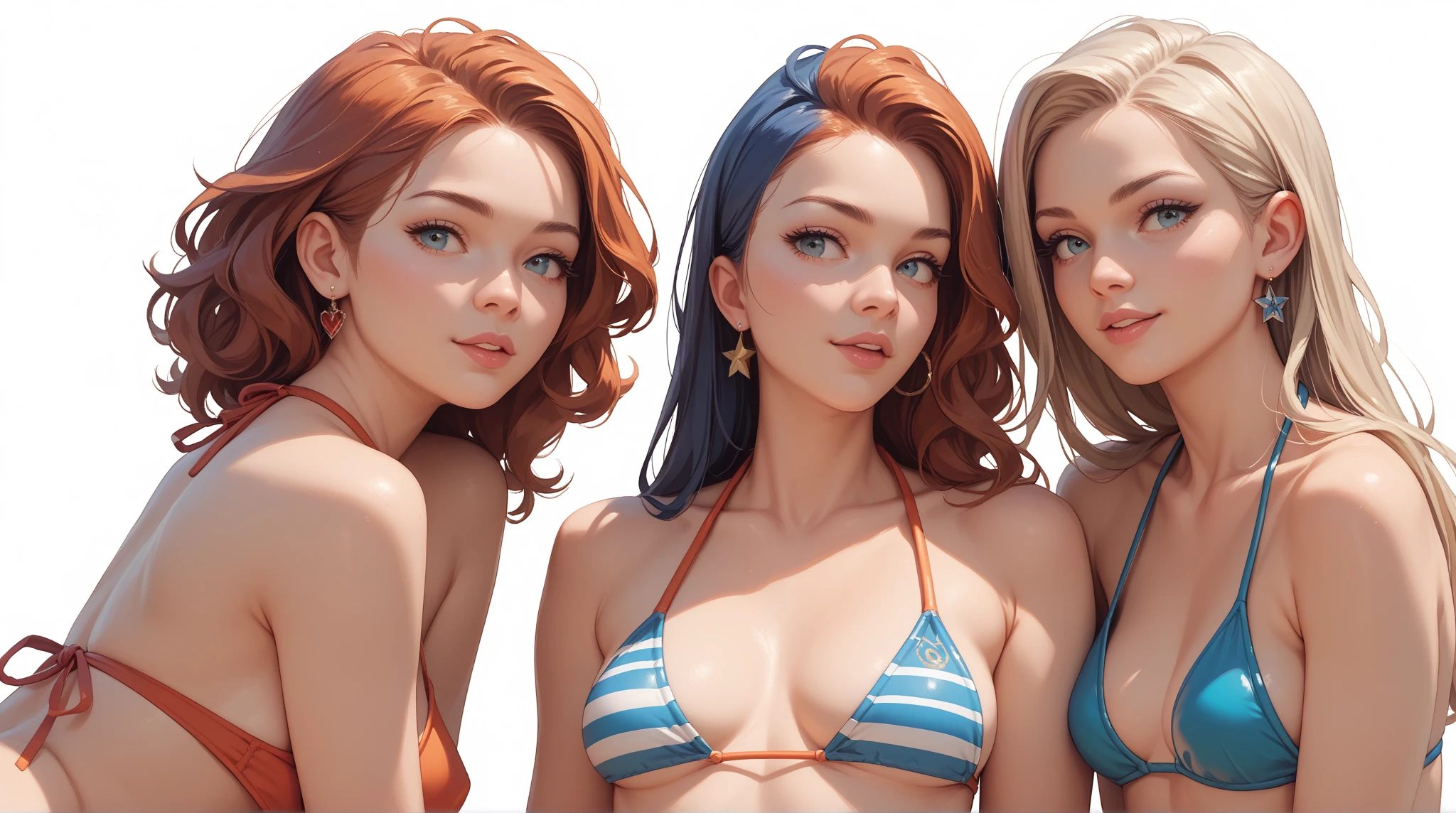 (((masterpiece))), (((best quality))), perfect face, ?????????????? and small ???????, three woman, ??????, high detailed, simple background , The three girls have different hair colors