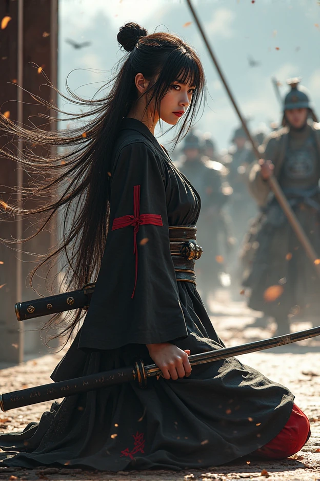 Create an image of an AV rate x kneeling Japanese warrior, a well-proportioned figure, a mid-cut dress, a black dress with a red cross, a long samurai mobile with a battle, long hair soaked in sweat, a girl's face, a natural light av girl, caress the floor with a samurai warrior