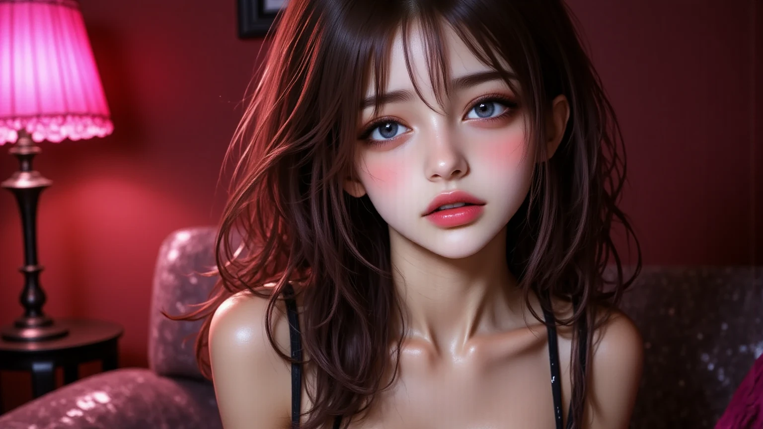 (Masutepiece: 1.3), (maximum resolution: 1.2), (Ultra HDTV: 1.2), cinematic lighting, 8K resolution, Eye and skin detail, detailed facial features, , ( Sharp focus: 1.2), (Face focus: 1.2) , Perfect style, Beautiful, sharp face, Anatomically accurate, Highly detailed skin and face structure, Eye detail, Double eyelids, Thin eyebrows, Glitter eyeliner: 1 Natural cheeks, Glossy skin, White skin: 1.2, (Lip gloss: 1.4), 、 (Shy look: 1.2), Skin and face texture detail, Detailed eyes, Double eyelids, Natural cheeks, , Glossy lips: 1.4, Protruding cleavage、(Large sperm count in breast: 1.4) (Large sperm count in thighs: 1.2) 、 blushing、shy、impatience、frustration、fear of embarrassing glaresknees open、open legs、masturbation behavior、chest stroking、white lingerie、black bra、shiny small flower necklaces and ears Socks Long、Sweating Thighs、Transparent Underwear、 20 years old, Neat and Clean Woman、Red Hair、Colored Hair、Short Hair, Big Tits, Upturned, Floor Sitting, Bedroom、(Complete Maid Outfits) perfect: 1.5)、Long Pink hair