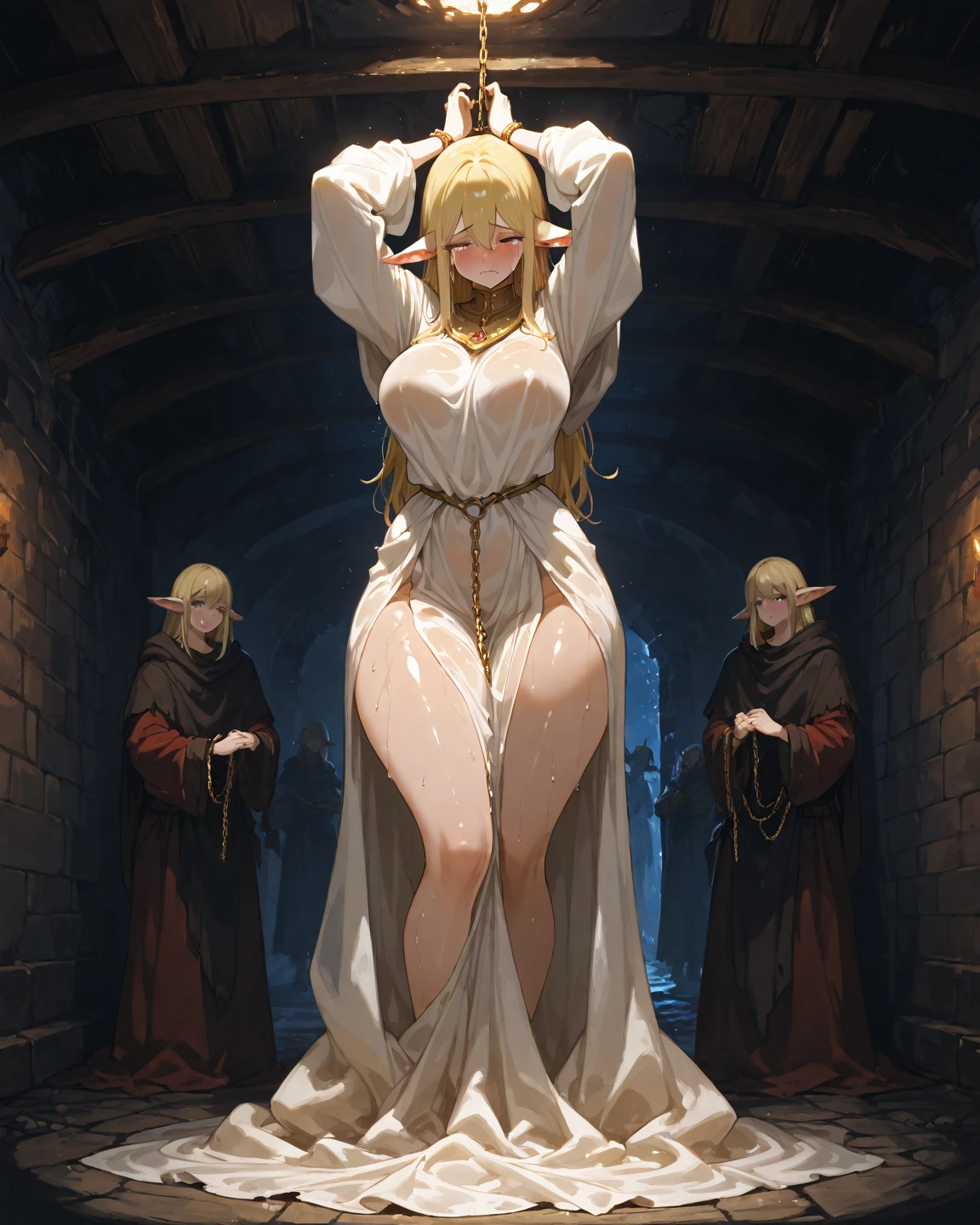 (highest quality), (masterpiece), nsfw, nude,({Alicia, Dynamic pose:1.5}, (((Being attacked by three goblins))), (alone),blue eyes,Blonde Hair ,Very long hair, Hair between the eyes,Straight hair), (Huge breasts, Cleavage, belly button), (Veil,black nun uniform, double slit pelvis curtain, Chest Curtain), (church, hole), ((Lower body exposed))Red micro panties