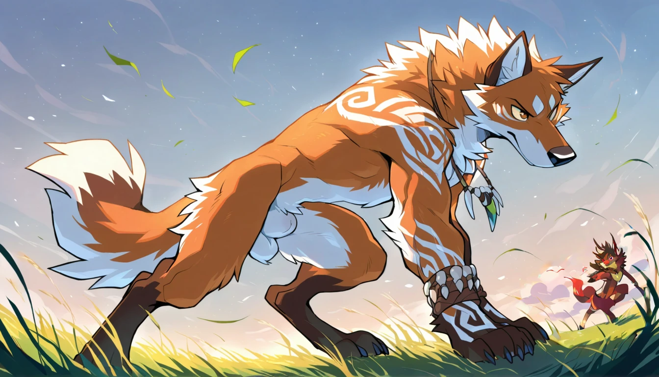 Art by eyrich,by raptoral,male arcanine,solo,(feral),collar,(quadruped),fully sheathed knot,sheath,knot in sheath,thick legs,one tail,begging,low angle view,seductive