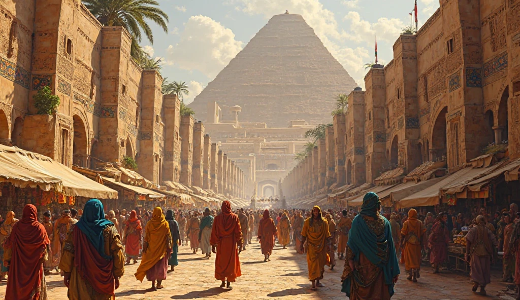 Streets of ancient Babylon, people dressed in clothes