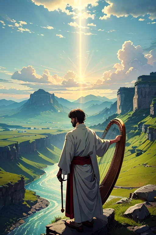 Anime-style illustration of a 32-year-old man standing on the peak of a tall mountain. He has medium-length dark hair and a full short boxed beard with a connected mustache. He is wearing calm ancient white linen garments (not flowing in the wind). He is holding a 10-string old world harp (like David’s harp) and playing it with devotion. Above him, the cloudy sky opens with golden divine rays shining directly on him. He is worshipping God deeply. In the valley below, a sparkling river flows — the river of life described in Revelation 22, coming from the throne of God in the New Jerusalem. The atmosphere is spiritual, majestic, peaceful, and cinematic. High-detail anime, soft shading, heavenly glow.