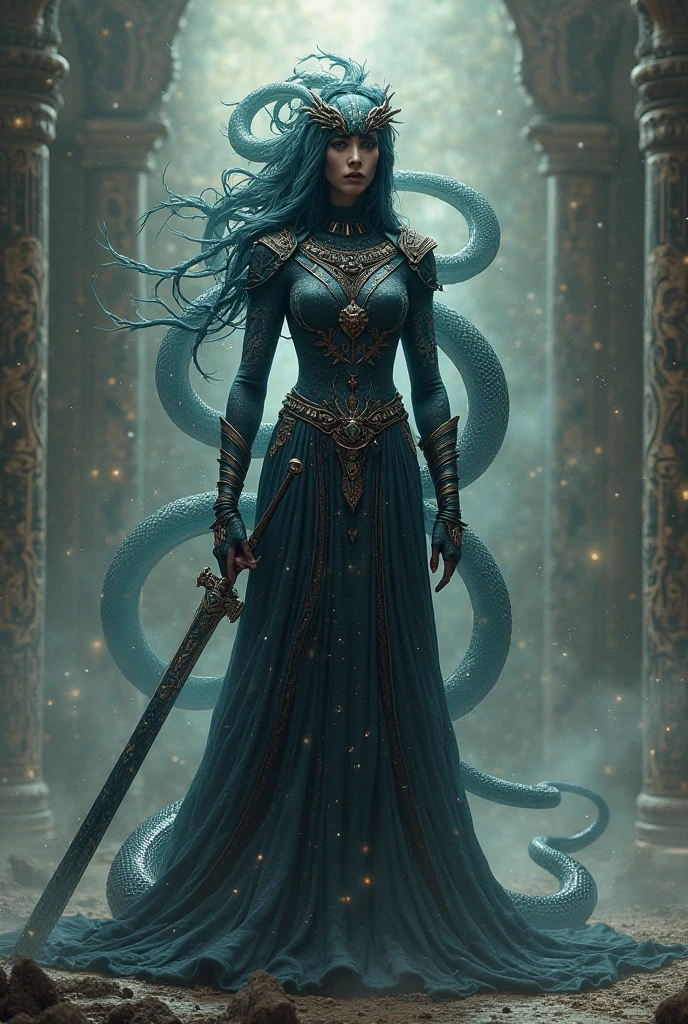 drawning, sharp colors, a woman with snake hair, medieval style, fully body, white background, BOARD PIECE, character seen from the front