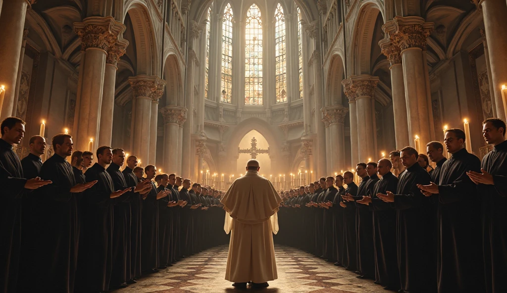Church choir, dressed like a priests, singing with Pope church during Easter