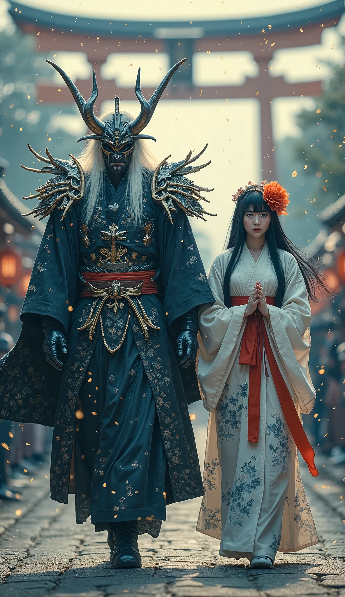 A dramatic and mystical scene set in a traditional Japanese setting during early dusk. The air is heavy with magic and suspense. In the background, a towering orange torii gate stands proudly, slightly blurred in the depth of field, suggesting proximity to a shrine or sacred ground. Soft blue tones dominate the environment, while occasional golden sparks of lightning-like energy flicker around the two central characters, adding a supernatural aura to the moment.
On the left, a towering warrior strides forward with silent power. He wears an elaborate black and gold kimono, decorated with ornate patterns resembling traditional Japanese floral motifs. His armor is embedded into his outfit, with sharp, wing-like shoulder extensions and metallic spikes. His mask is fierce and demonic, with long white hair flowing like a spectral mane, and a horned helmet giving him an otherworldly presence. His face is fully concealed, amplifying his mystery. Electric currents crackle subtly around his figure.
Walking calmly beside him is a young woman dressed in a soft white kimono adorned with pale blue and floral designs. A vibrant red ribbon hangs from her hands as she clasps them in front of her modestly. Her face is composed and serene, eyes lowered as though in prayer or reflection. A large flower hairpiece graces her long, smooth black hair.
Snow or magical particles drift softly through the air, enhancing the dreamlike atmosphere. The pair walk forward side by side, embodying a balance of chaos and calm — power and grace — as they move through a path framed by curious onlookers blurred into the edges of the frame.