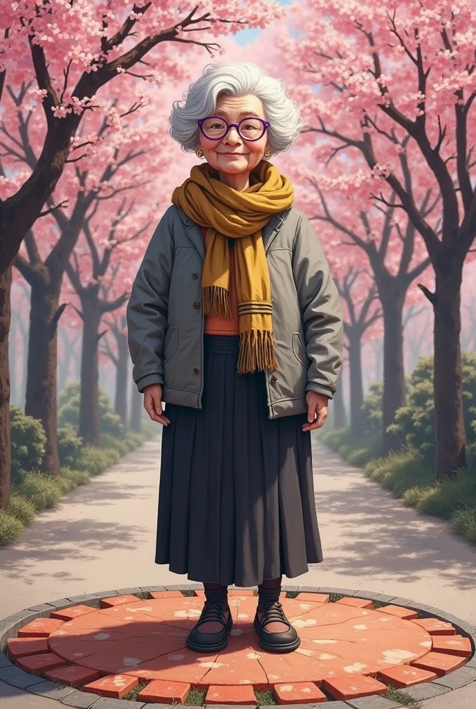 There is a sidewalk block in a round shape on the floor, and a cherry blossom and tree are trapped on the back. Note that the color of the sidewalk block is red orange mixed with a little brown, and the grandmother is slightly above the center, so the grandmother is slightly plump and tall, wearing glasses that are slightly purple, and she is wearing a scarf, so the scarf is slightly yellow and black, so the top is wearing gray pleated clothes and the pants are black, by the way.