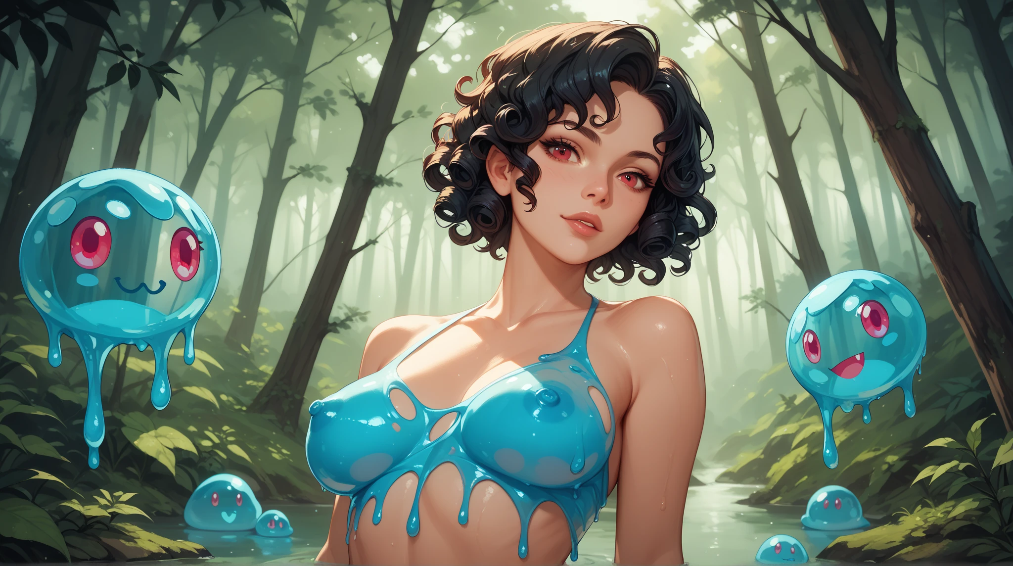 Vanellope, 1 girl, Bblack hair, Brown eyes, ((green micro bikini), (big round breasts:1.5), Tilt your head, cowboy shot, medium breasts, (big round breasts:1.5), coxas nuas, sitting down, 正面, 1 girl, standing alone, salient smile, gazing at viewer, all-body, pose, best quality, no flaws