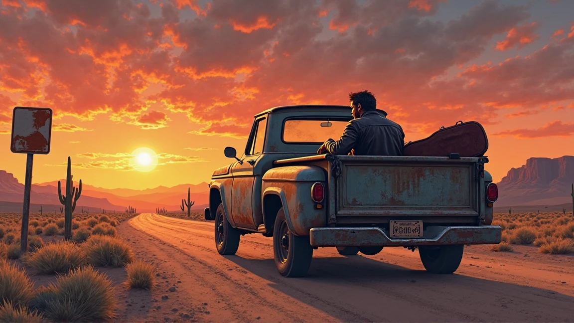 「desert in the southwestern United States、夕暮れのオレンジと紫の空To背景に、埃まみれのピックアップトラックが一本道To走る。Jake in the driver's seat（ male in his 40s、Leather jacket、tired expression）が遠くTo見つめる。old guitar case on the luggage bed。cactus and decayed sign in the foreground。title text『Drifter’s Lament Blues Rock for the Wandering Heart』To、placed in the upper right corner in a vintage-style font reminiscent of the heavy reverb of blues。ブルースの重厚なリバーブTo思わせる、lonely and melancholy composition。」