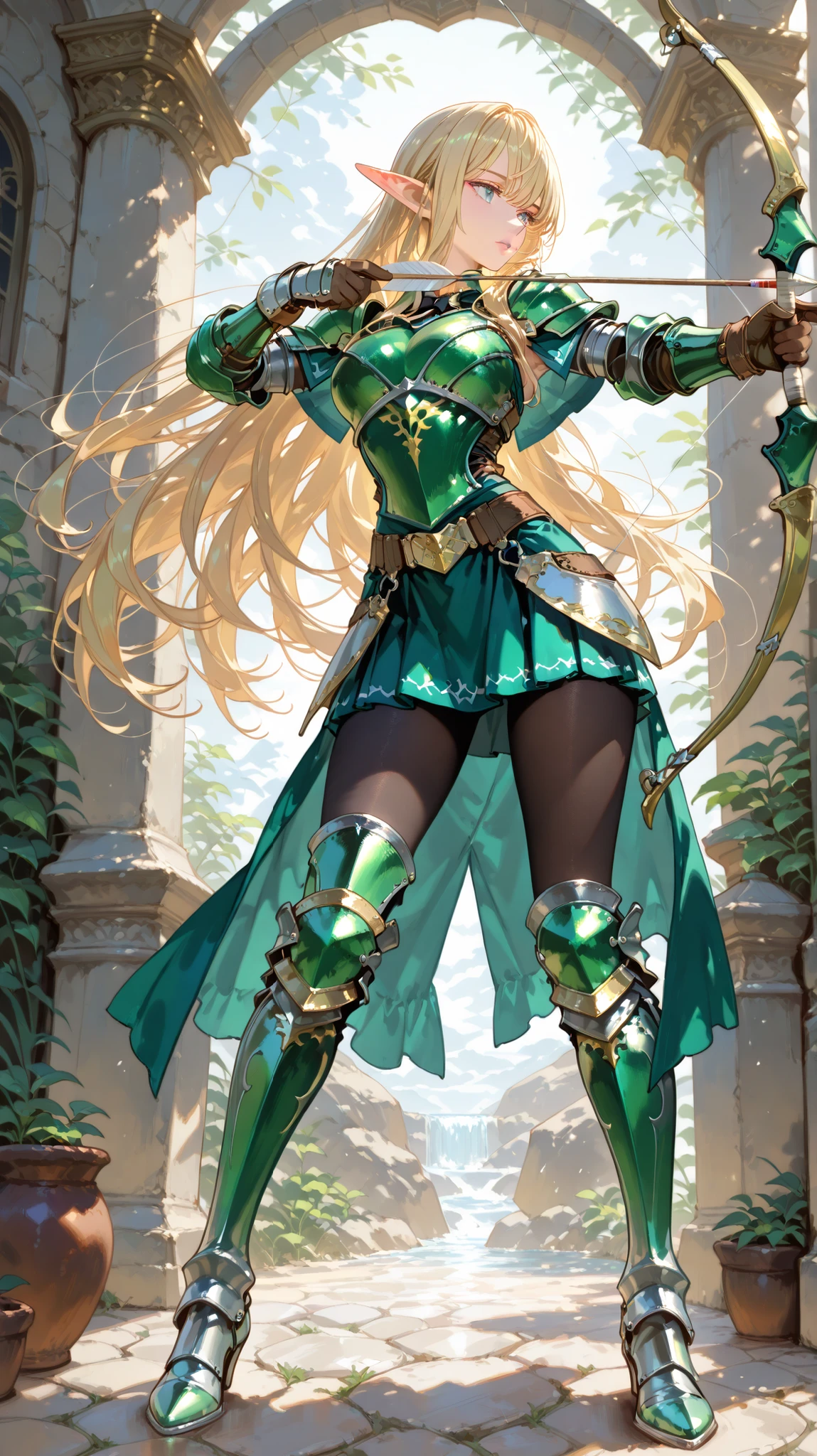 from front, full body, looking side, (adult cool woman:1.1), Very long hair, shining blonde hair, narrow, perfect artwork, picture-perfect face, beautiful face, charming, seductive, alluring, enchanting, pointed ears, (A beautiful woman with slit blue eyes.:1.3), large breasts, mature, settled, stylish, elven armor night, Luxury white flared mini skirt, mysterious, (Breastplate, Breastplate is silver with gold decoration1.6), ,(Emerald green elf armor1.5), (Emerald green gauntlets1.5), (Emerald green thigh-high metal boots1.5), (black pantyhose1.1), Aesthetic artwork of shooting an arrow with a Composite bow ,(Composite bow \(weapon\), arrow \(projectile\), holding Composite bow \(weapon\), aiming, holding arrow, drawing Composite bow,), masterpiece, best quality, ultra realistic 8k cg, epic, sacred grove