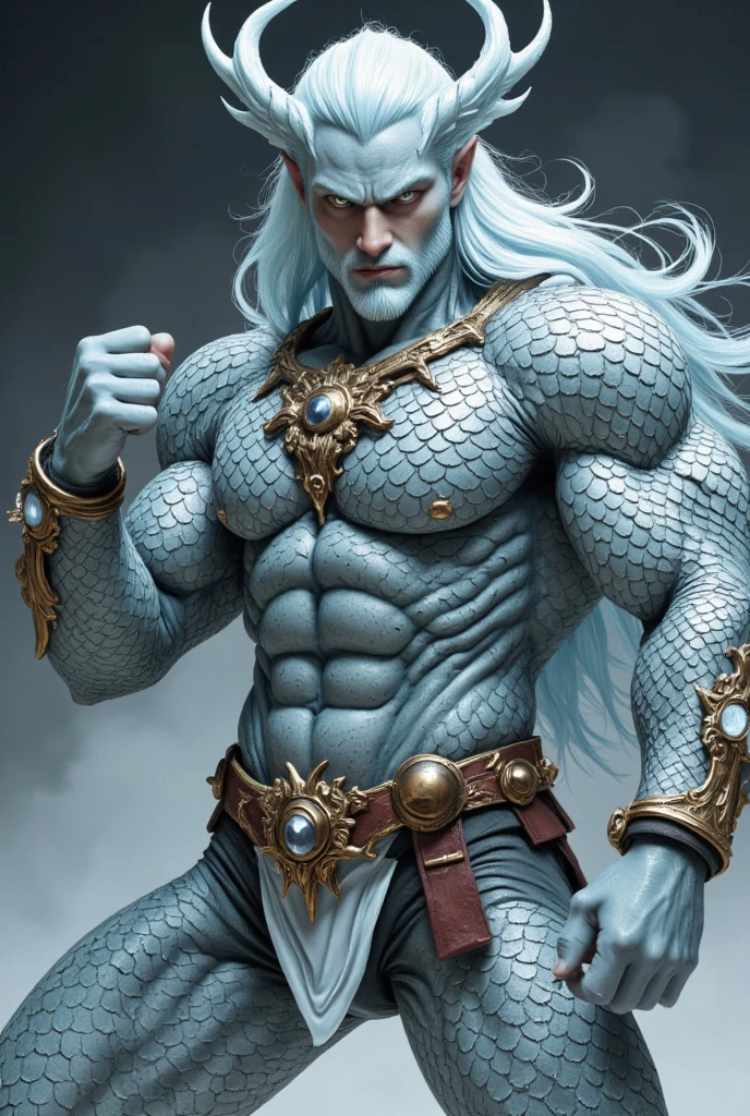 a muscular mythological being extremely strong, blue scaly translucent skin, red eyes, long white hair,wearing water armor, powerful, able to control nature, around which trees emerging impacting the ground with magic, unreal engine 5, keyshot, octane, artstation trending, ultra high detail, ultra realistic, cinematic,16k