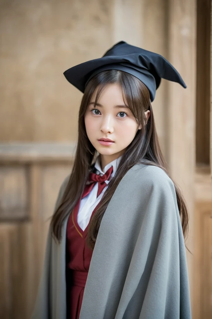 Hogwarts students、Harry Potter Witch、８K、high definition、ultra detail、photorealistic、Realistic and accurate depiction、realistic and accurate human body structure to endure while watching the ceiling、high resolution、(top quality, masterpiece), intricate details, beautiful and detailed faces,cute、perfect beautiful girl、full body、beautiful breasts、 Witch's Robe 、Wizard、Hogwarts Uniforms