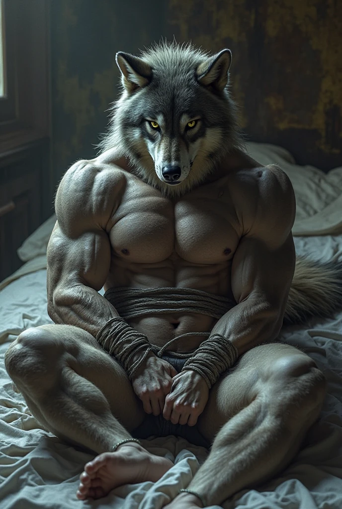 A muscular male furry wolf with fir civeree body sitting on a rack with widen spread legs, and widen spread arms, arms above head restrainted with cuffs. Almost naked, only wearing a thin underwear