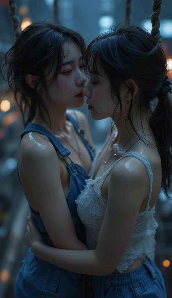 masterpiece, top-quality, Hi-Res,((( 2girls))), ((Yuri)), ((the kiss:1.4)), (French Kissing), red blush:0.2, closed her eyes:0.5, (tongue), (Saliva), ((Touch)), hand on the breastustup、bulging bust top、(pink brassiere)、Light Blue Bra、(Brown skin)、Whitening skin、(Pink hair)、(Light blue hair)、long eyelashes、(The voluminous lips)、lips 、Slender eyeig eyes with double eyelids)、a short bob、poneyTail、Ear-piercing、Blue eyerown eyes、round and big buttocks、toned little buttocks、(Pointed bust top)、((the whole body is wet))、beatiful backgrounds、Shower on the wall、Shower room、((Heavy shower))、浴室、Tiled、steam、Accurate drawing、Elaborate illustrations、Detailed drawing、Anatomy of the human body、Perfect picture、Perfect Beautiful Girl