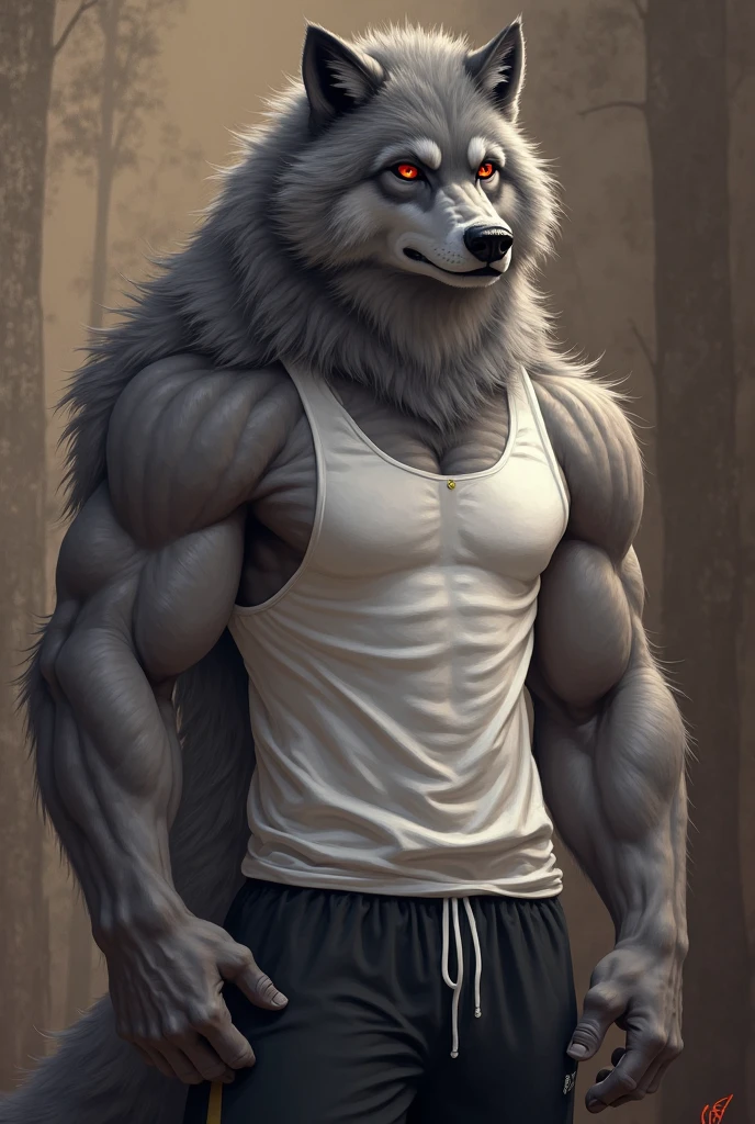 anthro, white wolf, realistic fur, adult, male, (solo:1.3), standing, muscular, collar, shorts, tank top, detailed background, wilderness background, realistic, photorealistic, ultra realistic, 8k,