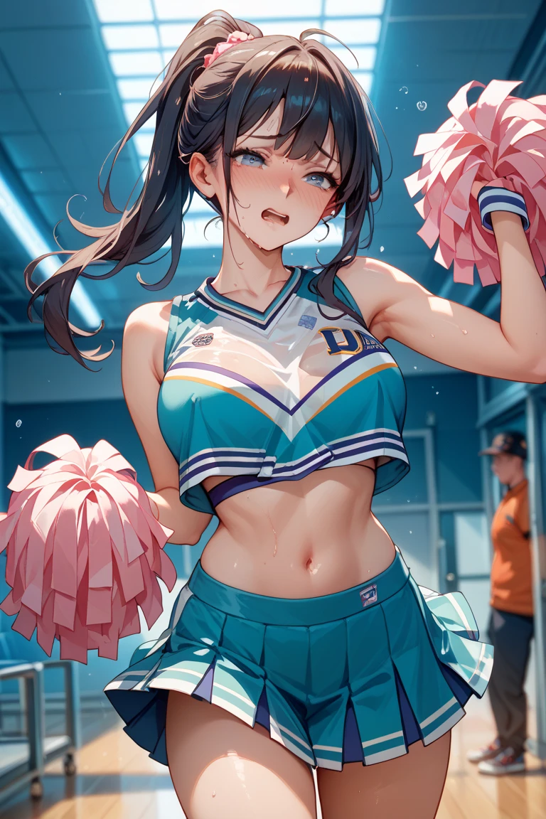 (((masterpiece))),(((High resolution))), (((perfect face))), (((Korean beauty))), (((Cheerleader))), big tits, plump, skirt, ((panty shot)), ((top quality eyes)), ((detailed texture)), ((high resolution face))