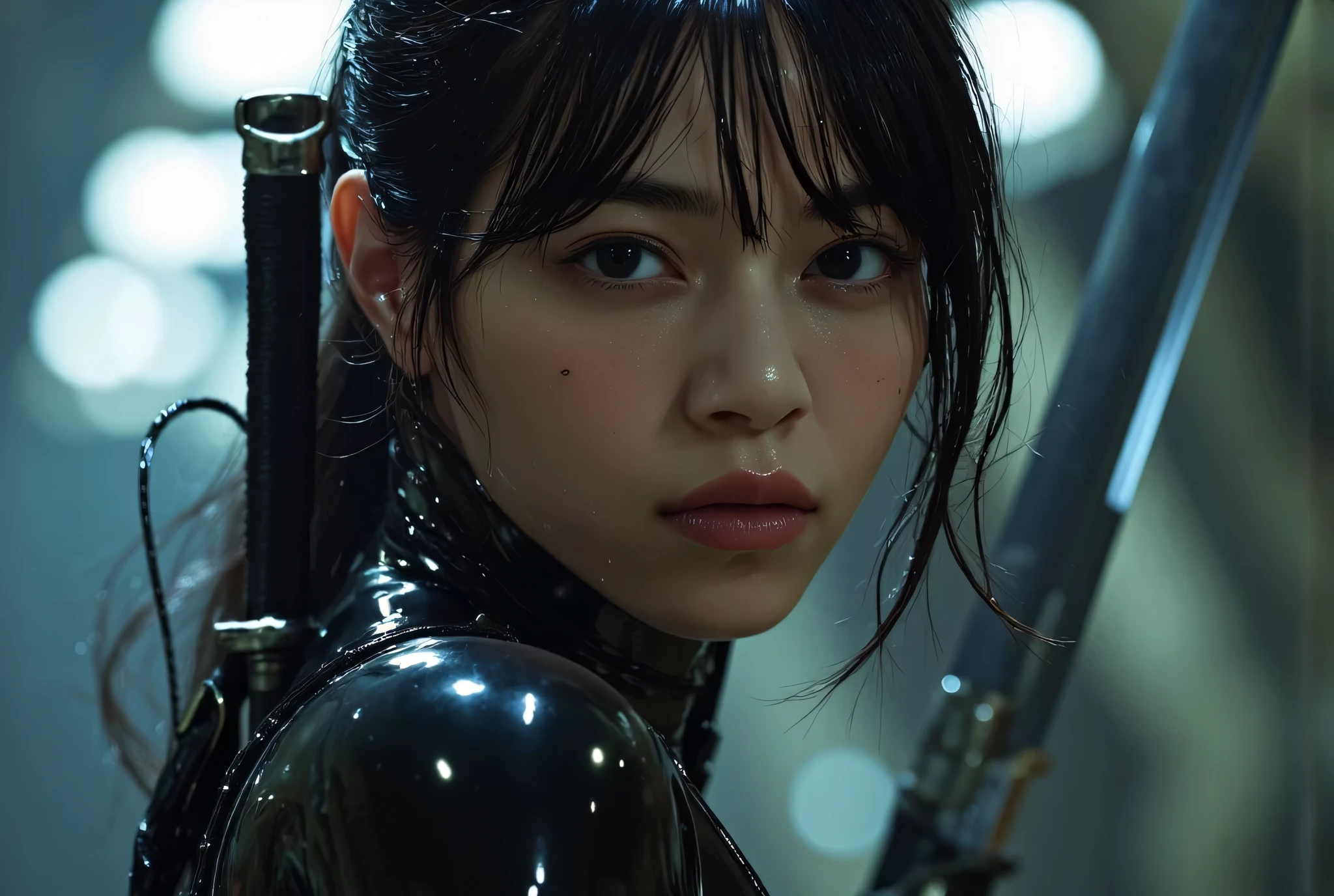 (((inside the dark spaceship Nostromo:2.0))),(((HR Gigger style cyberpunk atmosphere:2.0))),(((hold a cyberpunk-style Japanese sword:2.0))),((Point a Japanese sword at the viewer:2.0)),standing,((full body:2.0)),one woman,(cute face:2.0),(Beautiful well-balanced face :2.0),((long hair with bangs:2.0)),(black hair:1.5),(Beautiful Eyes:1.3),glamorous shot of a 20-year-old Japanese woman,Beautiful slender body,((model body type:2.0)),((slim body:1.7)),Perfect Body Line,ideal proportions,((small breasts:2.0)),((Three sizes 84-55-85:2.0)),((B-cup breasts:1.5)),beautiful breasts,Bare thighs,Sensual Thighs,delicate body,(muscular:1.7),harmonious posture,((Realistic breast depiction :1.7)),Carefully Depicting Limbs Based on Perfect Anatomy,((futuristic black super high leg leotard:1.5)),((Fitted Latex Super Hi-Leg Leotard:2.0)),((((Super high-leg jeans made of denim:2.0)))),(black kimono:1.5),((Tactical Holster:1.5)),((((Coarse mesh fishnet stockings:2.0)))),concept art,(top quality:1.5),(masterpiece:1.5),(超高resolution),resolution,UHD,(delicate depiction), carefully drawn with butterfly wings ,32k,((realistic skin texture:1.5)),(((super realistic:1.5))),carefully draw eyelashes,highly detailed face,Highly detailed female hand, Sexy appearance ,Extremely Sensual,(Blurry Dim Backgrounds :1.5),Professional Photography,(movie lights:2.0),((Blade Runner style lighting:2.0))