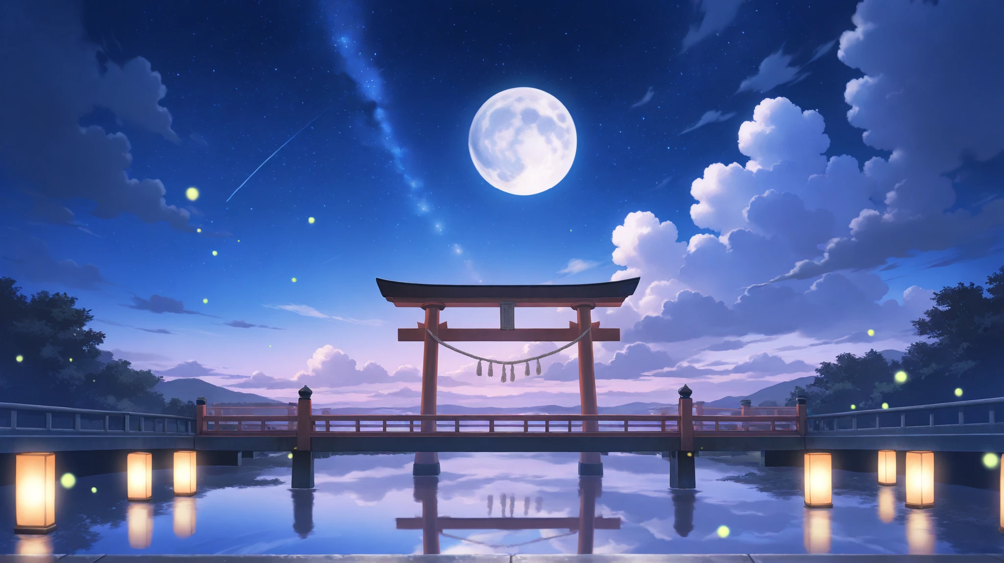 draw an animated lofi high resolution scene with a 16mm view of a torii gate surrounded by fireflies on a lake bridge, cherry tree々, full moon night, reflection, vast sky with clouds hanging over the starry sky , Dim Atmosphere, Lanterns hanging on the bridge , light, bright colors, Peaceful, natural tones, cloudy sky, beautiful colors, bright, saturated colors in the early morning window, masterpiece, not human