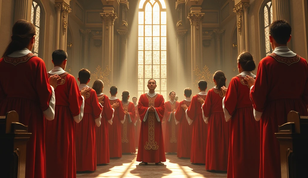 Church choir, dressed like a priests, singing in church during Easter