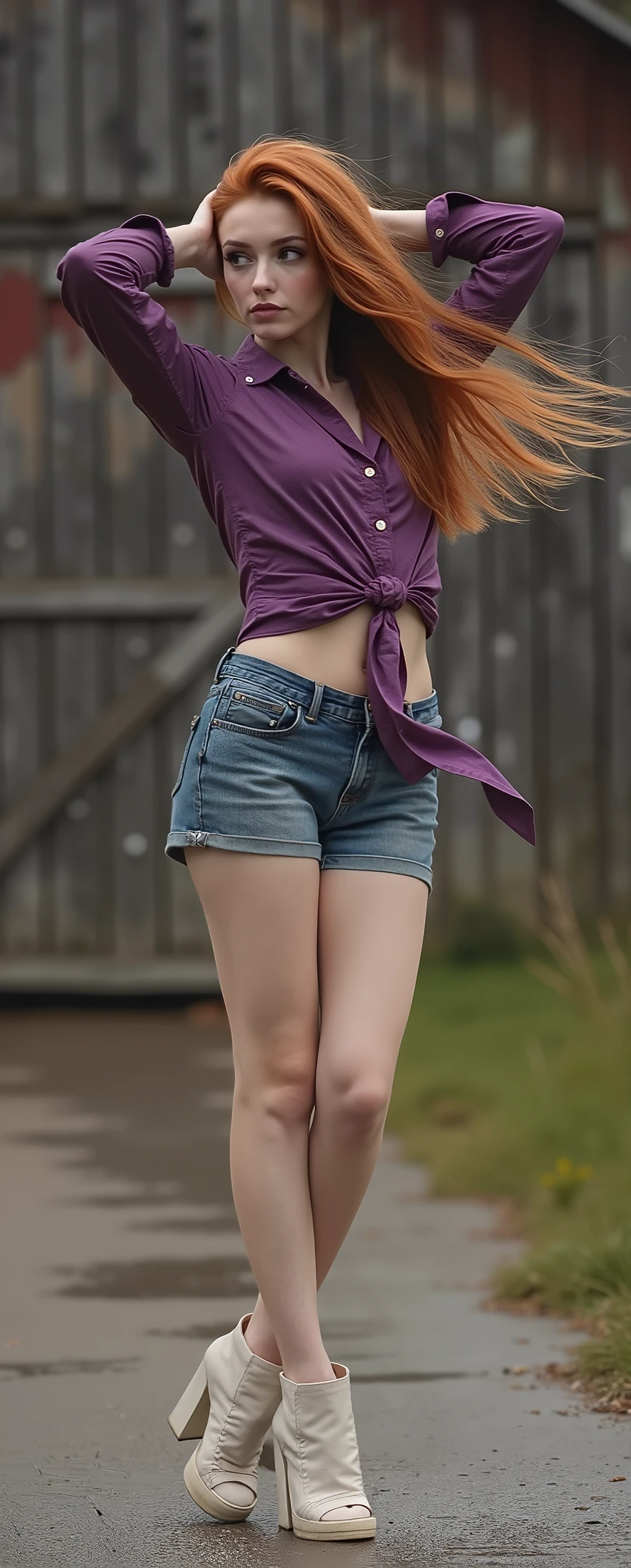 High quality and high definition photo. Young slender nice European woman with nice opened grey eyes, 20 YO. woman in a purple shirt and denim shorts dancing on a wooden walkway, casual pose, in the countryside, amouranth, in front of a garage, redhead girl, fashion model, next to a red barn, casual photography, better known as amouranth, modeling photography, beautiful model, awesome and moody, stunning photoshot, dynamic pose, soft tones