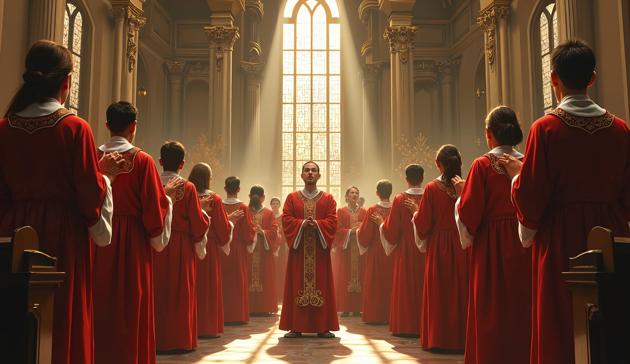 Church choir, dressed like a priests, singing in church during Easter