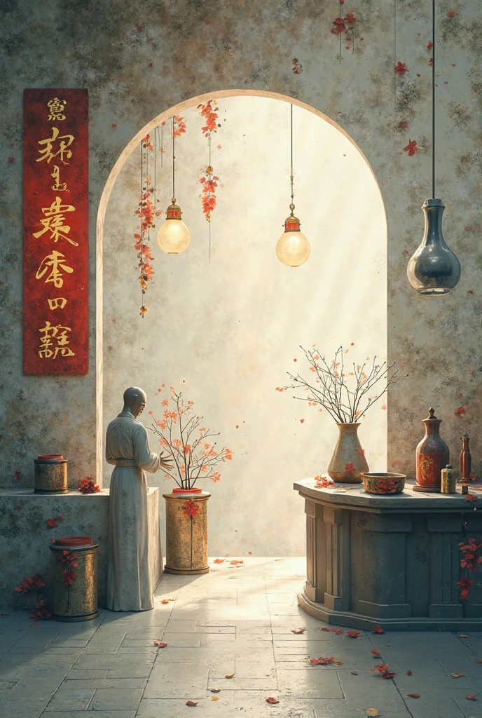 Abstracting the interior of a Chinese medicine clinic