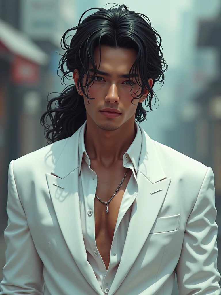 Cyberpunk，1 boy，(((Reality Photos)))，Real Live Action、CG，Date Otoko Nankoku Middle-Aged Male Beautiful Shape Beautiful Skin、Curly Hair Ponytail Open Collar Shirt White Suit Brown Skin Color Black Tall One，Italian descent，