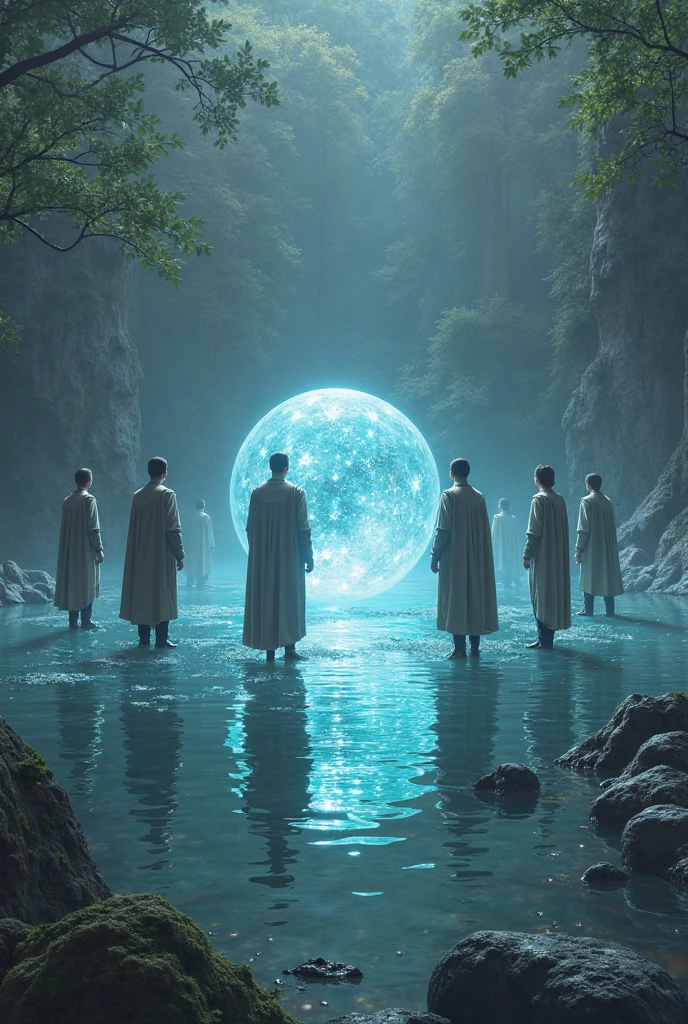 The four guards stand together around a sparkling lake, in the middle of which a magical ball of light floats — their energies flow in together. Great Lakes Protection Pact