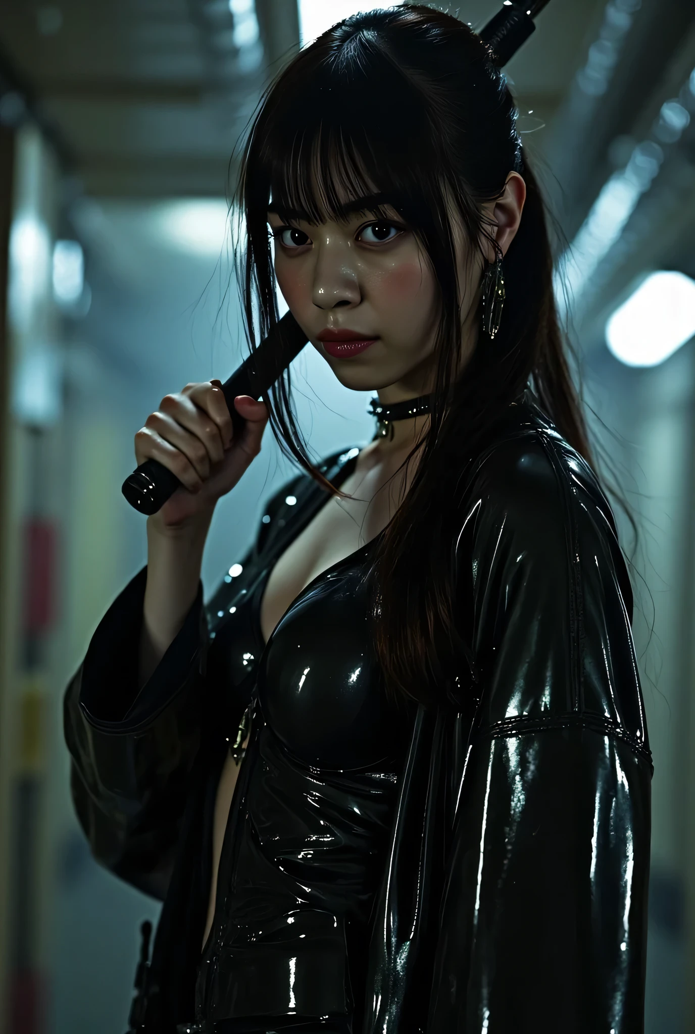 (((inside the dark spaceship Nostromo:2.0))),(((HR Gigger style cyberpunk atmosphere:2.0))),(((hold a cyberpunk-style Japanese sword:2.0))),((Point a Japanese sword at the viewer:2.0)),standing,((full body:2.0)),one woman,(cute face:2.0),(Beautiful well-balanced face :2.0),((long hair with bangs:2.0)),(black hair:1.5),(Beautiful Eyes:1.3),glamorous shot of a 20-year-old Japanese woman,Beautiful slender body,((model body type:2.0)),((slim body:1.7)),Perfect Body Line,ideal proportions,((small breasts:2.0)),((Three sizes 84-55-85:2.0)),((B-cup breasts:1.5)),beautiful breasts,Bare thighs,Sensual Thighs,delicate body,(muscular:1.7),harmonious posture,((Realistic breast depiction :1.7)),Carefully Depicting Limbs Based on Perfect Anatomy,((futuristic black super high leg leotard:1.5)),((Fitted Latex Super Hi-Leg Leotard:2.0)),((((Super high-leg jeans made of denim:2.0)))),(black kimono:1.5),((Tactical Holster:1.5)),((((Coarse mesh fishnet stockings:2.0)))),concept art,(top quality:1.5),(masterpiece:1.5),(超高resolution),resolution,UHD,(delicate depiction), carefully drawn with butterfly wings ,32k,((realistic skin texture:1.5)),(((super realistic:1.5))),carefully draw eyelashes,highly detailed face,Highly detailed female hand, Sexy appearance ,Extremely Sensual,(Blurry Dim Backgrounds :1.5),Professional Photography,(movie lights:2.0),((Blade Runner style lighting:2.0))