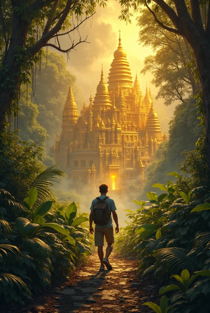 A realistic image of a golden city hidden in the jungle—shimmering temples and towers made of gold, partially covered by vines and mist. In the foreground, a surprised explorer parts the jungle leaves, revealing the glowing city. Warm lighting with a mysterious, magical atmosphere.
