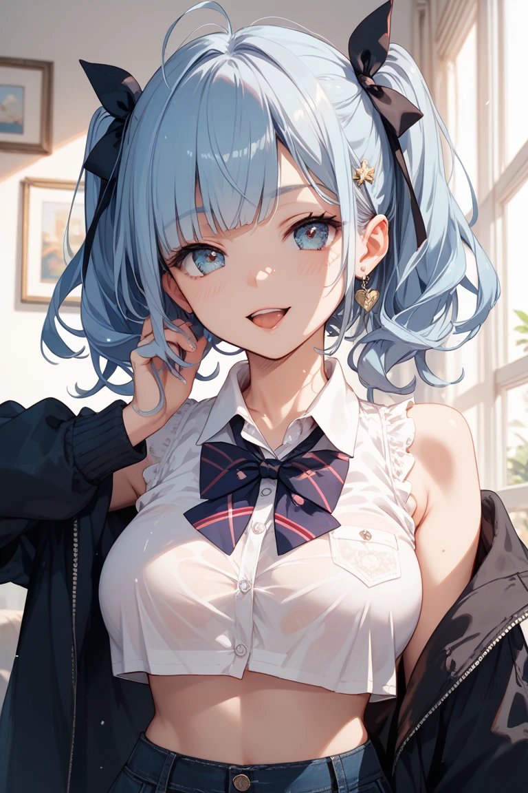 (1girl: 1.2), (classroom: 1.2), (white_dress: 1.2), (long_hair: 1.2), (twintails: 1.1), (choker), (serafuku), (chalkboard), looking_at_viewer, indoors, shirt, chair, neckerchief, long_sleeves, red_neckerchief, low_twintails, off_shoulder, window, white_legwear, dress, breasts, pantyhose, bangs, sitting, jacket, blush, open_clothes, thighs, arm_support, open_jacket, medium_breasts, charm_(object), collarbone, parted_lips, very_long_hair, cardigan, day, hair_ornament,