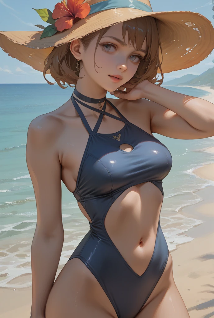 (masterpiece, best quality), 1 girl, curvaceous perfect body, nice breasts, (slingshot swimsuit), pool, sky, clouds, afternoon, cute pose, contrapposto