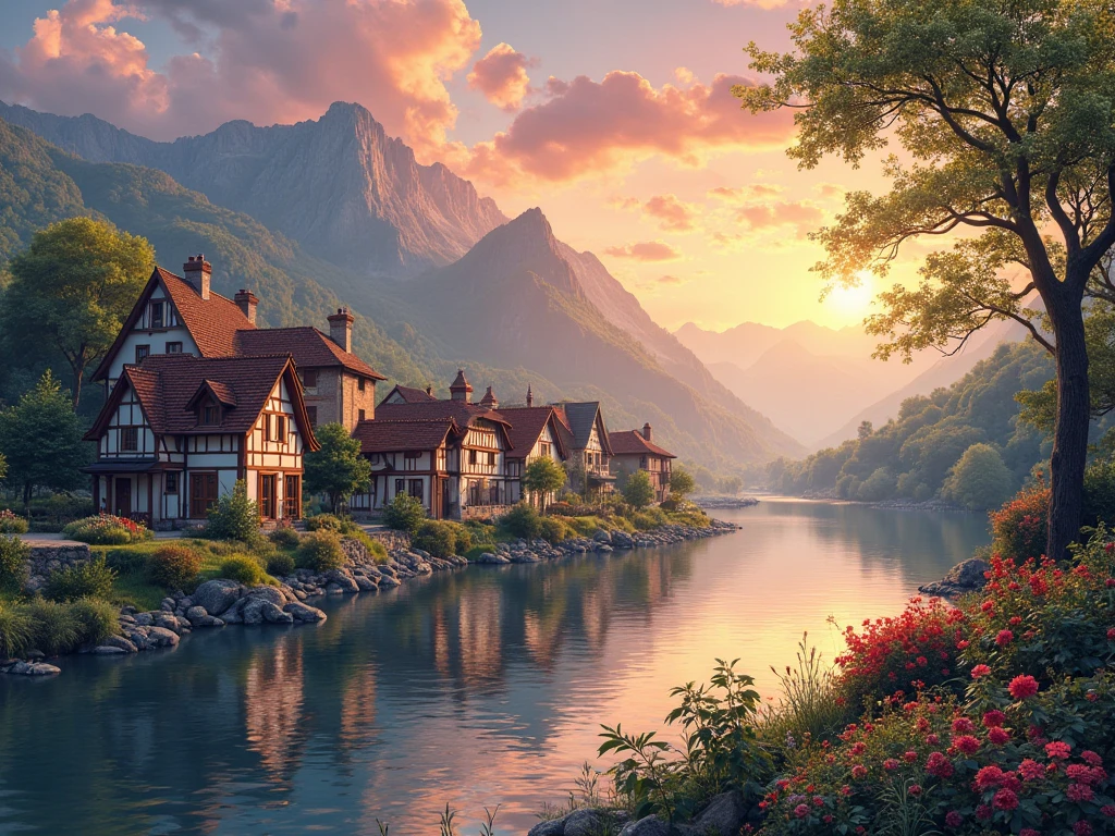 a small village by the river, mountains in the background, floral flowers colorful, detailed landscape, Beautiful natural landscapes, atmospheric lighting, scorching sunset, warm colours, practical, photopractical, Detailed Foliage, complex buildings, cobblestone street, Charming country house, swirly vibrant colors, lush vegetation, Still water reflections, Picturesque, idyllic, work of art, best qualityer, 8k, extremely detaild,anime styling