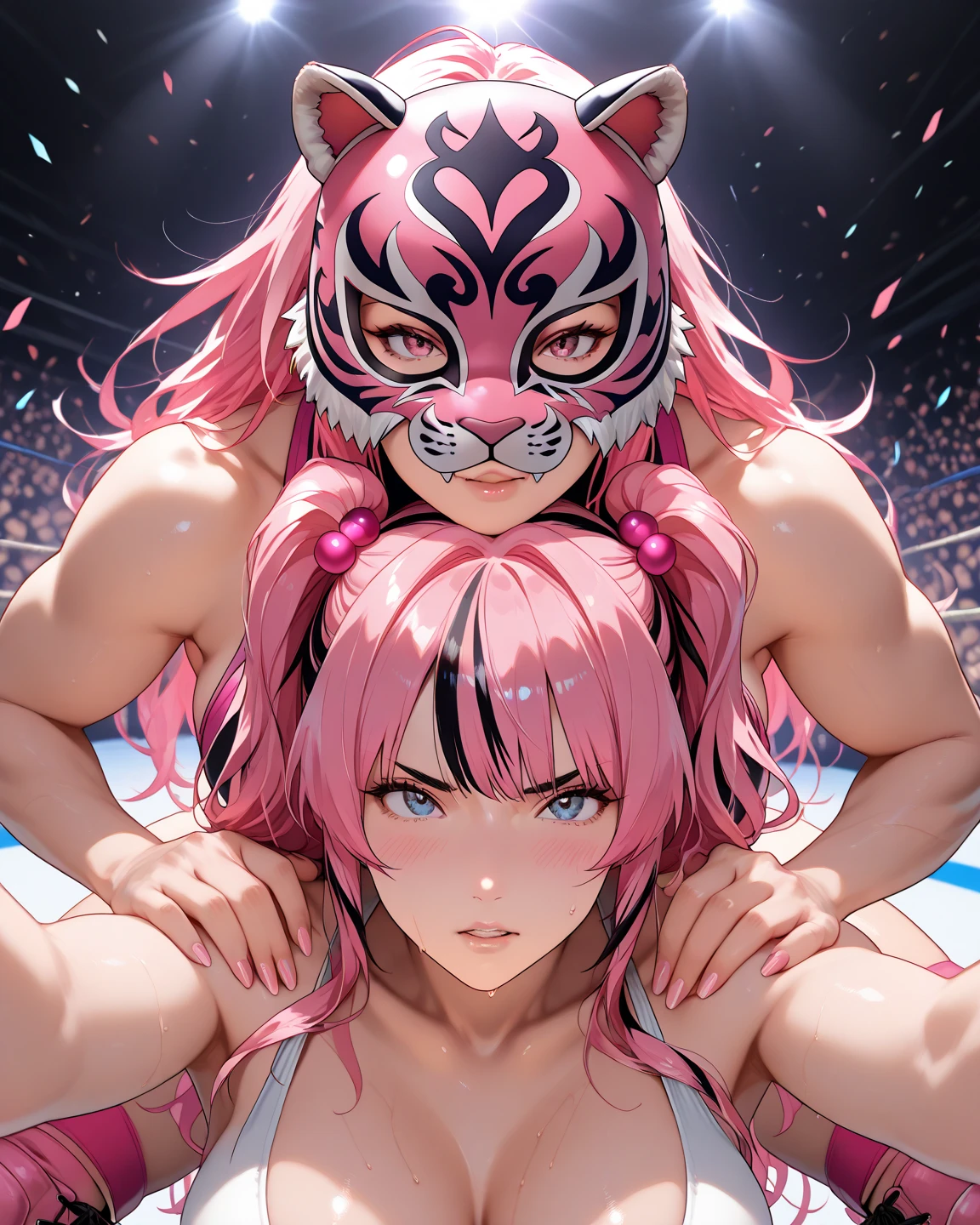women's pro wrestling battle with rainbow pattern,Female Pro Wrestler Pink Tiger Mask vs. Black Tiger Mask,Black tiger mask sticks nails on pink tiger mask cover ??????????? black tiger mask,Pink Tiger Mask Mask Ripped by Fingernails,The real face of the pink tiger mask is about to be seen,Disgusting pink tiger mask,pink tiger mask that desperately resists,dead or alive